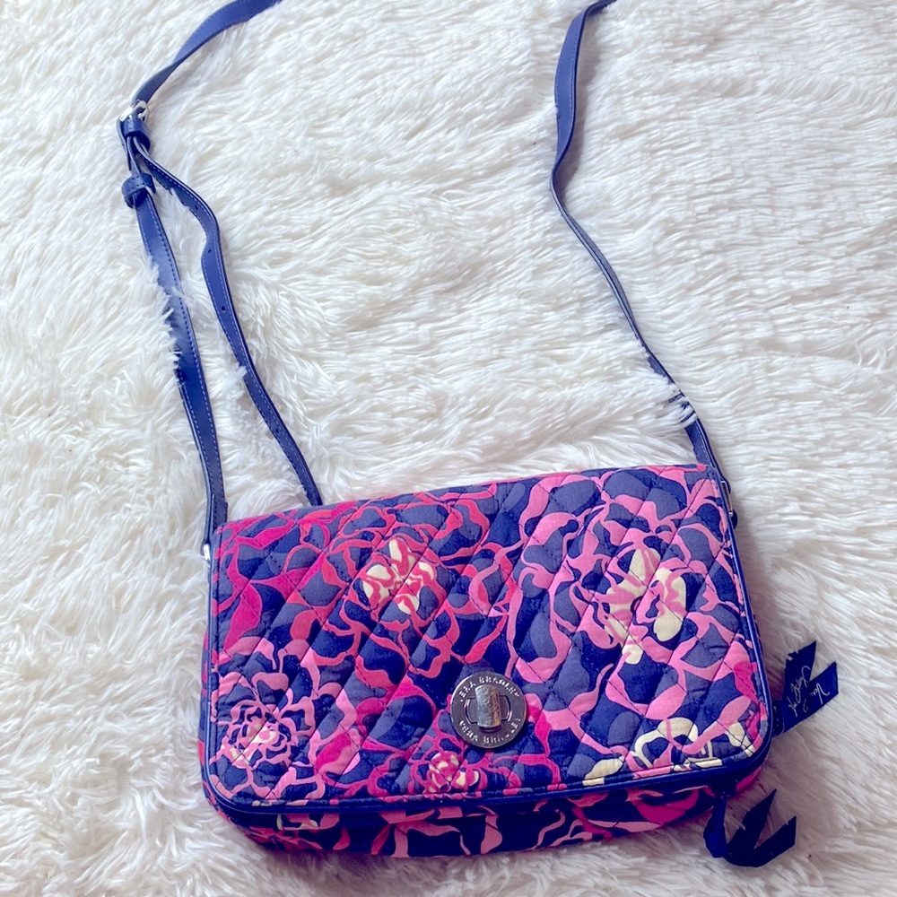 Vera Bradley Pink & Navy Blue Floral Print Messenger Bag with Built in Wallet